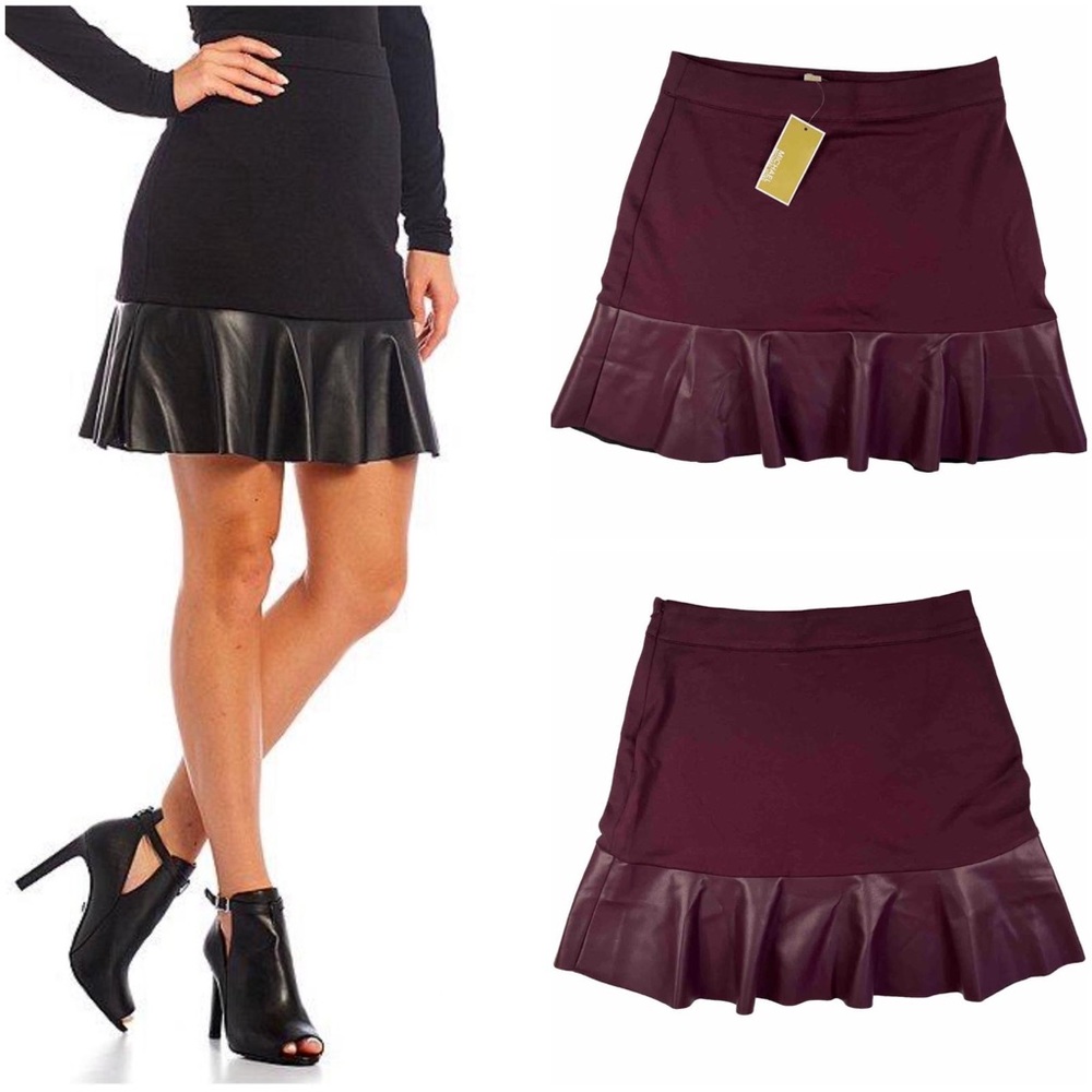 NWT MICHAEL MICHAEL KORS Cordovan Mixed-Media Flare Mini Skirt Faux Leather - Picture 3 of 12